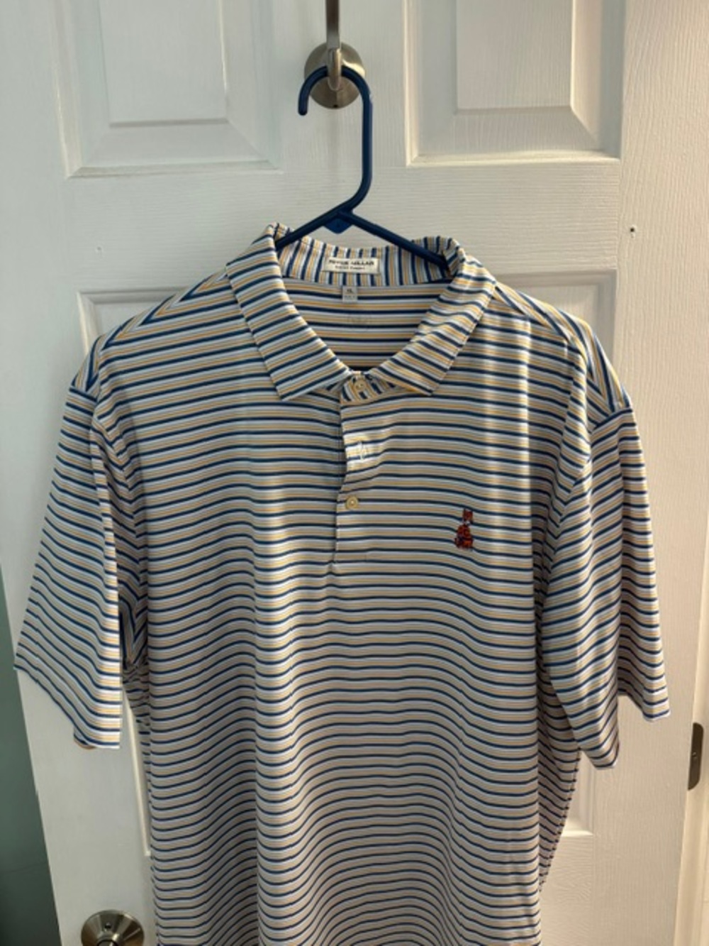Peter Millar White Polo with Blue and Yellow Stripes